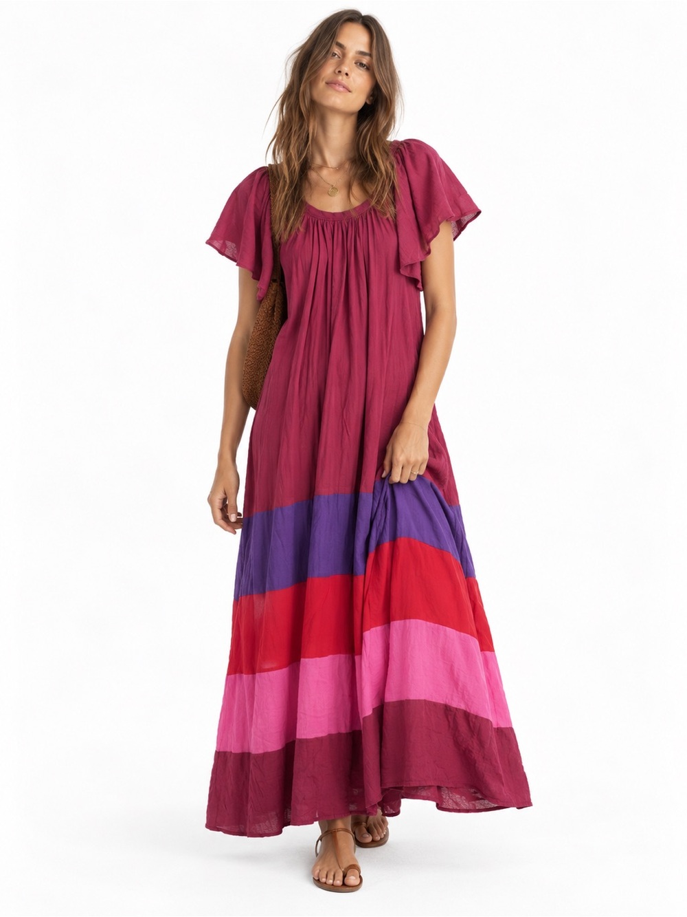 Warm NY cotton color block maxi dress flutter striped tiered gauze gauzy boho M